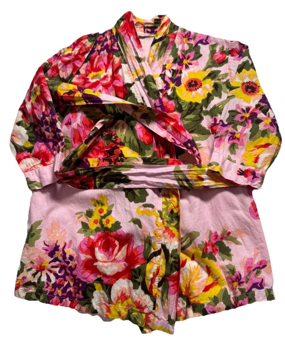 Girls Floral Wrap Robe Approx Sz 6/7 Pink Cottagecore Tie Waist Kimono